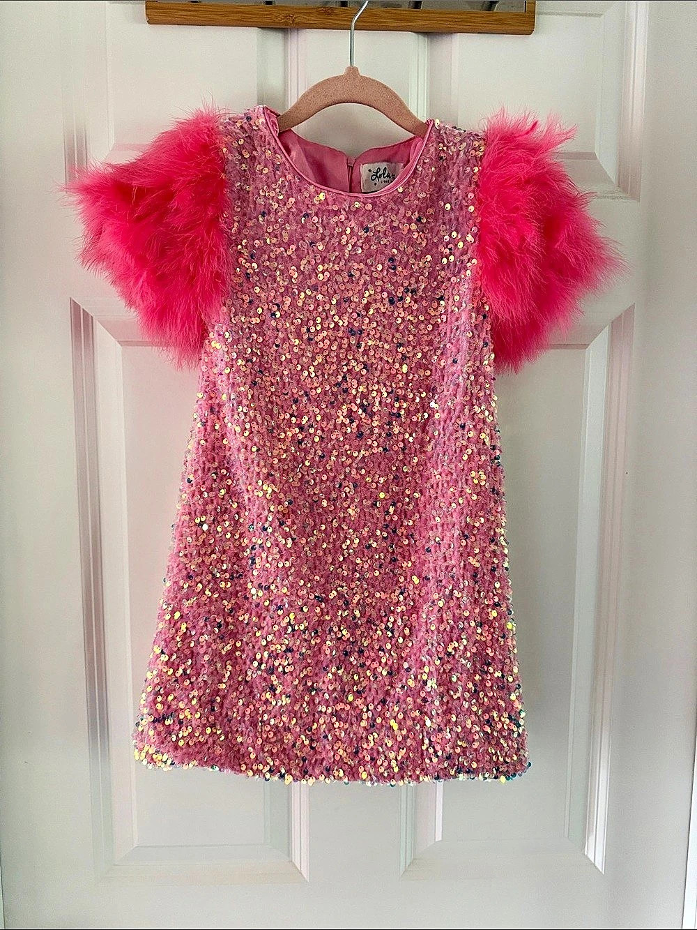 Lola + The Boys Pink Sequin Feather Sleeve Dress Size 6
